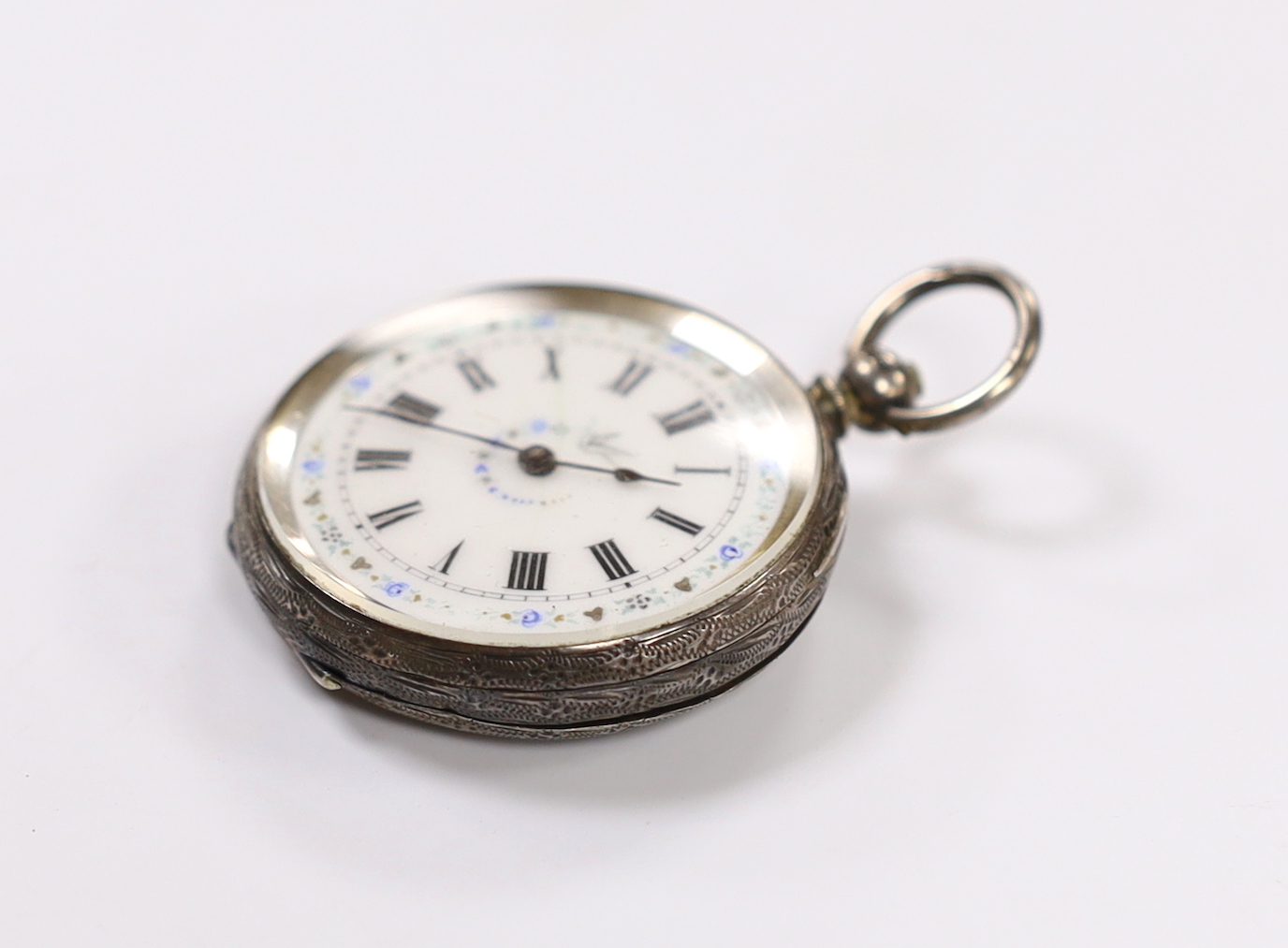 A lady's late Victorian silver open face key wind fob watch, with Roman dial.